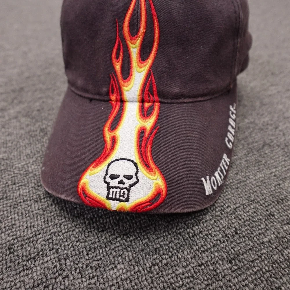 Vintage Monster Garage Hat Cap Strap Back Mens One Size Black Flame Skull Y2K